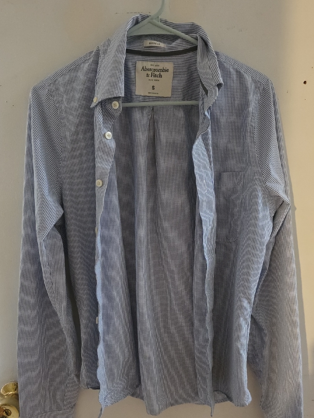 Abercrombie & Fitch Men's Blue and White Micro-Check Button-Down Shirt